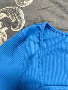 Blue Ribbed Square Neck Crop Top
