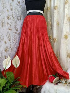 Vibrant Red Pleated Maxi Skirt
