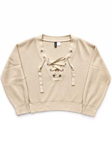 CREAM LACE-UP V-NECK KNIT TOP