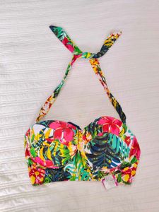Vibrant Tropical Print Halter Bikini Top