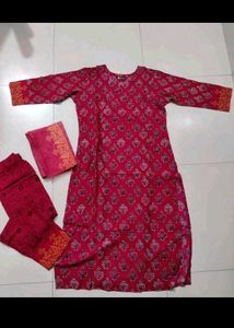 Stylish Red &amp; Yellow Printed Kurta Set