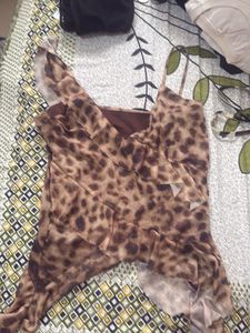 Leopard Mesh Ruffle Cami Top