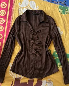 Chic Brown Tie-Front Blouse