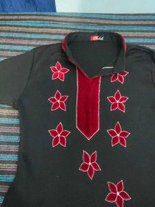 Elegant Black Kurta with Red Floral Embroidery