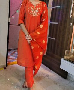 Orange Embroidered Kurta Set with Dupatta