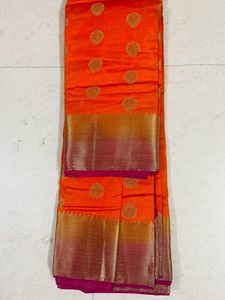 Orange Banarasi Silk Saree With Pink Border