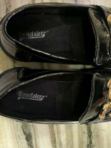 Black Patent Loafers with Gold Buckle