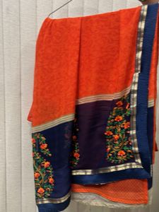 Vibrant Orange &amp; Navy Blue Saree