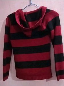 Red &amp; Black Striped woolen Hooded Cardigan