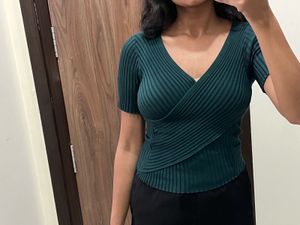 deep v neck Ribbed Wrap Top