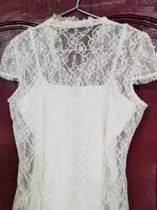 Cream Lace Button-Up Short Sleeve Blouse