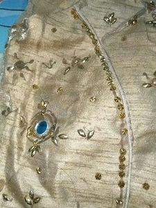 Rama Green Saree With Golden Jurkan Lace And Wit