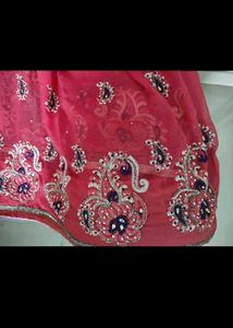 Red Saree with White &amp; Blue Print