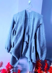 Grey Ribbed Knit Cardigan