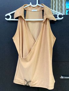 Sleek Nude Wrap Collar Top with DD Buckle Detail