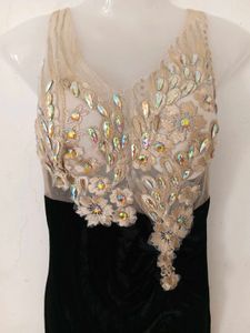Black Velvet Gown with Embellished Neckline