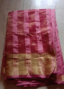 Pink &amp; Gold Striped Silk Saree