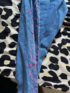 Stylish Blue Jeans with Pink Embroidery