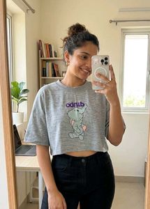 Grey Cropped T-Shirt with Elephant Print