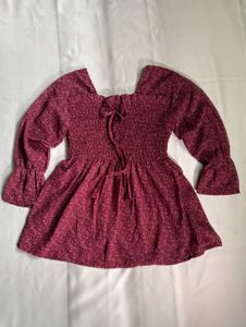 Maroon Floral Smocked Square Neck Top
