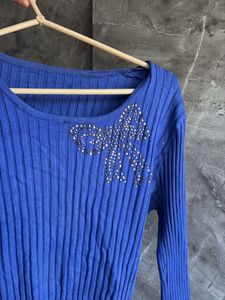 Blue Ribbed Top with Embellished Bow