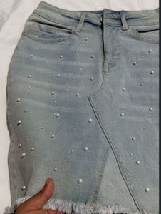 Pearl Embellished Denim Skirt