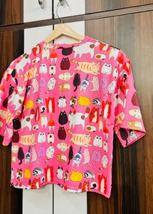 Cute Cat Print Pink Cropped T-Shirt