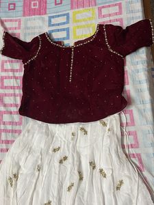 Maroon Velvet Blouse with White Skirt Set