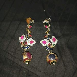 Peacock Golden Earrings Blue Red Green Gemstones
