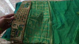 Emerald Green Silk Saree with Peacock Border