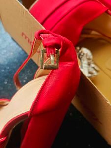Red Satin Platform Block Heels