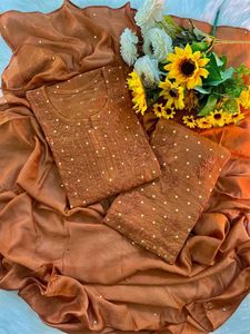 Premium Dot Chanderi Lucknowi Chikankari 3-Pcs Set