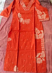 Vibrant Orange Kurta with White Floral Print