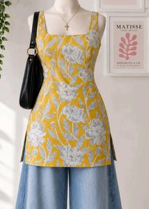Yellow Floral Print Kurta Top