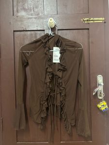 Sheer Brown V neck Ruffle Tie-Front Top