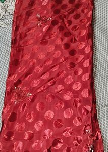 Red Saree with Polka Dots &amp; Floral Embroidery