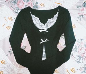 y2k Cute Black Lace Trimmed Long Sleeve Top