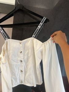 Chic White Button-Up Blouse with Logo Straps