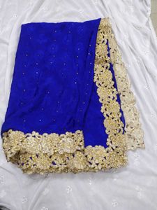 Royal Blue Saree With Golden Border(Without Blouse