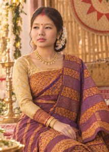 beautiful cotton maroon and golden dokhona set