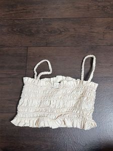 Cream Smocked Button-Up Crop Top