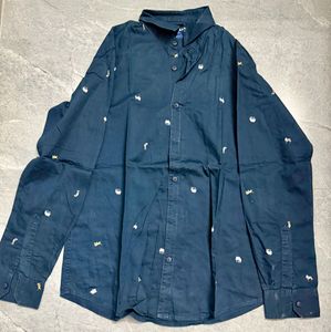 Men's Navy Blue Embroidered Casual Shirt