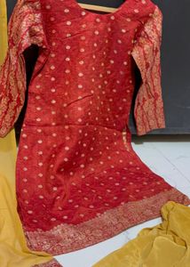 Red Kurta with Yellow Palazzo and Dupatta