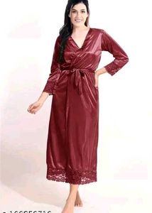 Satin Lace Trim Nightgown - Burgundy