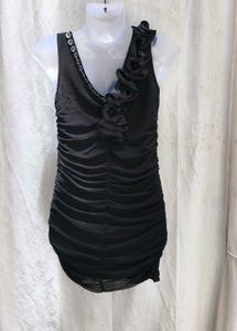 I. Chic Black Ruched Dress with Rhinestone Trim