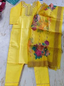 bust 34 Vibrant Yellow Embroidered Kurta Set with
