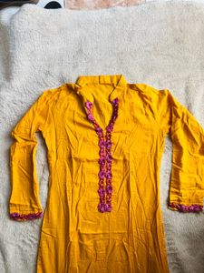 Vibrant Yellow Kurta with Pink Embroidery