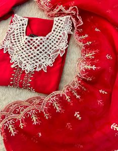 Red Kurta Set with Intricate White Lace Neckline