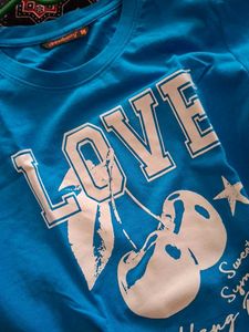 Blue "Love" Cherry Graphic Crop Top