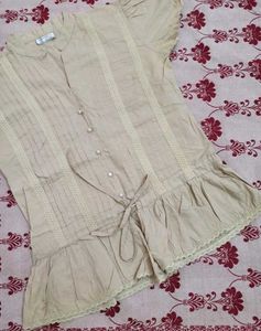 Beige Lace Trimmed Peplum Blouse